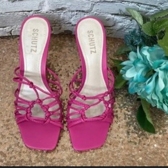 Schutz Pink Leather Sandals Mules Heel Size 9.5 - Picture 2 of 4